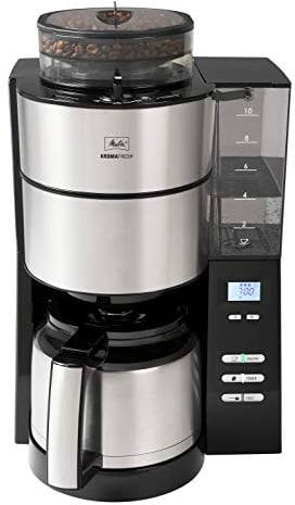 Melitta AromaFresh - Filterkaffeemaschine - integriertes Mahlwerk - mit Thermkanne - Tropfstopp - 10 Tassen - Schwarz (1021-12)