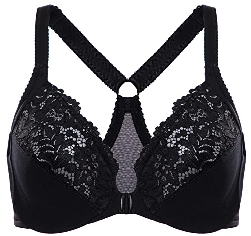 Delimira Women's Front Fastening Bra Racer Back Lace Plus Size Non Padded Underwired Black 48D