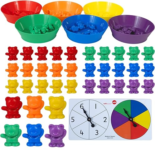edxeducation Counting Bears mit passenden Schalen | Mathe Lernmittel | 68er Set | 60 Bärenzähler, 6 Schalen & 2 Drehscheiben | Zuhause lernen