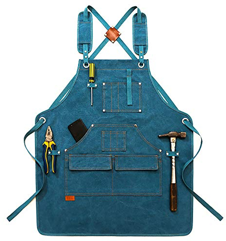 aolaso Canvas Tools Apron, Heavy Duty Work Apron with Pockets, Carpenters Apron for Men, with Cross-Back Straps (Blue)