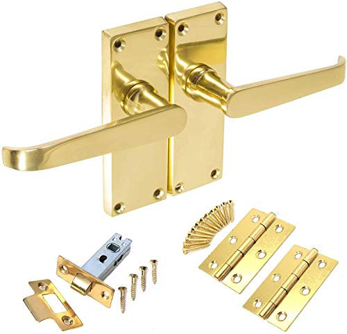 Jiyo.Outdoor Polished Brass Straight Interior Door Handle Set Backplate 120mm x 40mm - Internal Victorian Latch Kit with Tubular Latch and Hinges