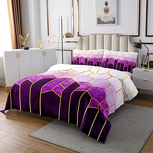 Kinder Waben Bettwäsche Set 220x240 Lila Marmor Bettdecke Set Geometrische Diamant Tagesdecke Set Für Mädchen Erwachsene Frauen, Metallic Streifen Quilt Set Luxus Bienenstock Sechseck Bettwäsche