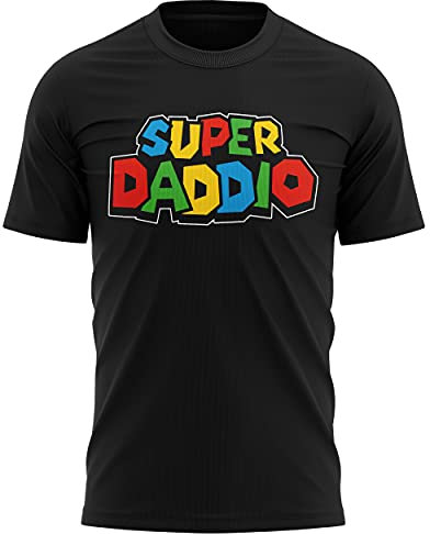 Purple Print House Gamer Dad Gifts, Super Daddio Tshirt, for Dad Step from Son Daughter Funny Retro Gaming Mens, L, Black