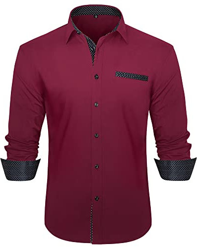 HISDERN Chemise Homme Rouge Et Noir Manches Longues Regular Fit Chemises Hommes Habillées de Marque Business Casual Chemise avec Poche Poitrine,Bordeaux,M