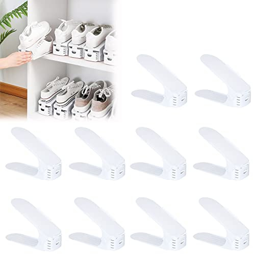 AufuN Einstellbare Schuhregale 10 Stück Schuhstapler/Schuhhalter Set, 3 höhenverstellbar, Platzsparend, rutschfest Kunststoff-Weiß