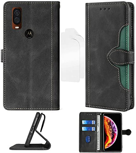 Aroepurt Flip Hülle Für Motorola Moto One Vision Hülle + Film Weicher TPU Panzerglas PU Leder Stand Case Cover cm-HEI