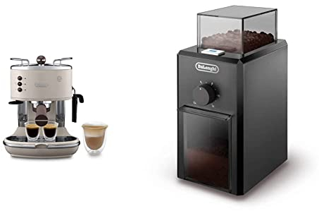 De'Longhi Vintage Icona Traditionnelle Barista Pompe Espresso Machine, Crème & KG79 Moulin à Café Electrique, Broyeur pour Grains de Café avec Réservoir d'une Capacité de 120 g, 110 W, Noir
