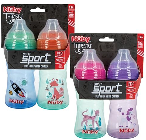 Nuby 2 Pack No Spill Printed Thirsty Kids No-Spill Sip-it Sport Cup with Soft Spout and Lid - 12oz, 12+ Months, 2 Pack, Print May Vary