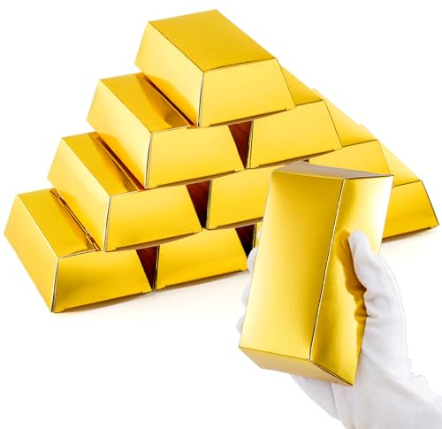 Elsjoy 50 Stück Goldbarren-Boxen, Goldbarren-Papier-Geschenkbox, glänzende künstliche Goldbarren-Geschenkbox, goldene Ziegelstein-Dekor-Schatzboxen für Casino, Partyzubehör, Süßigkeiten-Leckereien