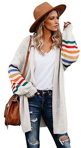 HEYPORK Damen Herbst Winter Warm Bequem Strickjacke Strickpullover Frauen Herbst Winter Women's Patchwork Loose Knit Pullover Jacke Top (Weiß, XL)