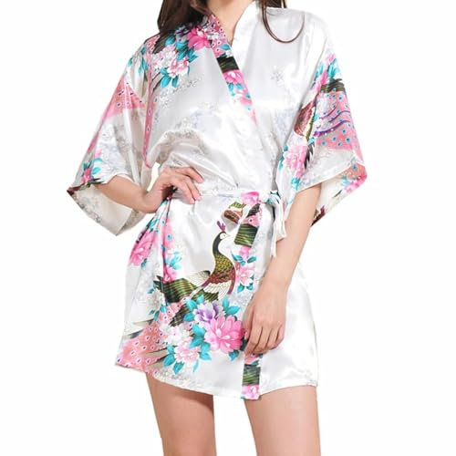 Prohonbec Damen Satin Kimono Morgenmantel mit Gürtel, Pfau und Blumen Muster, V-Ausschnitt Bademantel Kurz Robe Braut Bademantel Nachtwäsche für Tägliche Kleidung, Spa, Brautparty, Weiß