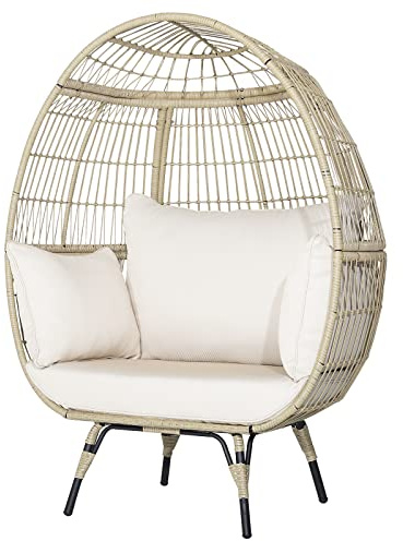 KOMFOTTEU Rattansofa in Eiform, vogelkäfigähnlicher Sofasessel, Gartensessel mit Kissen, eiförmiger Korbsessel mit Metallgestell, Gartensofa für Garten Wohnzimmer Terasse