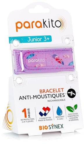 PARAKITO – Pulsera antimosquitos reutilizable, 2 pastillas incluidas con aceites esenciales, 1 mes de protección, sin deet, talla Junior 3+ (plumas)