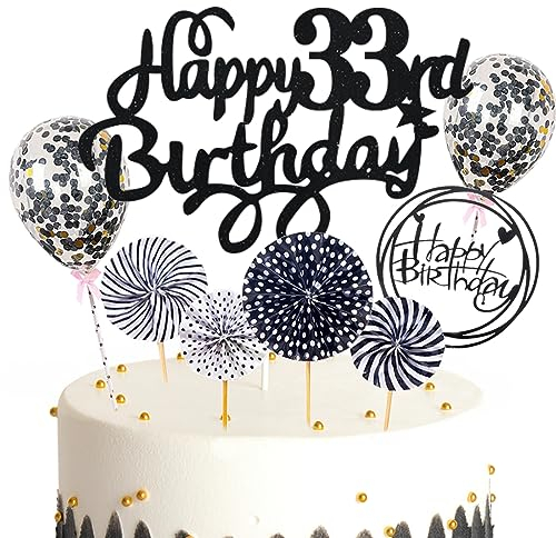 Feelairy Tortendeko Happy Birthday Deko Kuchendeko 33. Geburtstag Mann Frau, Schwarz Kuchen Topper 33. Geburtstag, Cake Topper Happy Birthday Ballon für Geburtstagstorte Deko 33 Jahre Frauen Männer