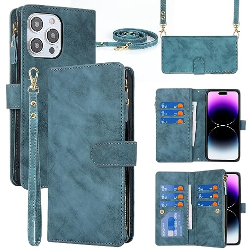 Cavor Compatible with iPhone 15 Pro Max Case With Card Holder With Strap,Flip Leather Crossbody Wallet Case,[9 Card Holders][Magnetic][Lanyard],Cover Phone Case for women - Light Blue