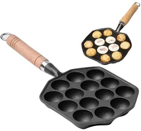 Cast Iron Aebleskiver Pan,14 Holes Takoyaki Pan Nonstick Cast Iron Ebelskiver Pan,Mochi Maker Grill Pancake Pan with Detachable Handle