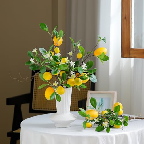 Laelfe Künstliche Zitronenzweig, 16 Köpfe Gelbe Künstliche Zitronen Deko Stiele mit Magnolienblüten und Weidenblättern, Pflanzen Zitronenbaum Künstlich für Zuhause, Küche, Tischdekoration (2 Stück)