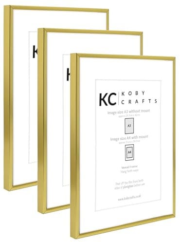 Koby Crafts Pack of 3 Gold Picture Frames for A4 or A3 Images | 3 Pack Aluminium Metal A3 Wooden Photo Frames | Hang Portrait/Landscape | A4 Image Mount