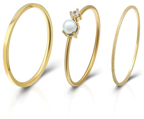 Joacii Shinny Stacking Frosted Ringe für Frauen Edelstahl Ringe mit 18K vergoldet Non-Tarnish Statement Dünne Zirkon Ringe Comfort Fit Größe 8