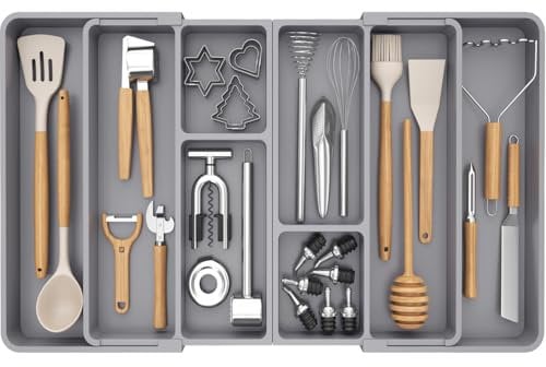 Lifewit Grand Range Couverts pour Tiroir, Rangement Couvert Extensible de 54.1 jusqu'à 91,4 cm de Large, Organisateur Cuisine en Plastique pour Couverts, Cuillères, Fourchettes, Couteaux, Gris