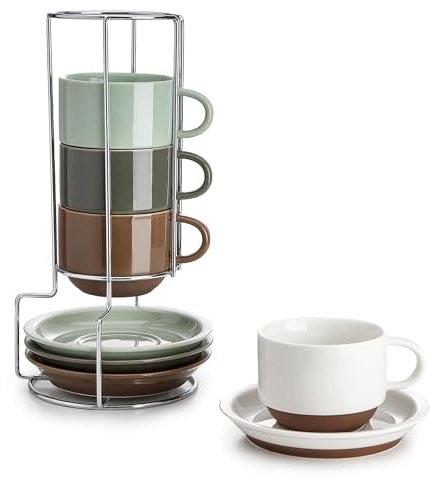 Sweese 8 Ounce Cappuccino Cups Set of 4, Porcelain Stackable Coffee Cups with Saucers and Metal Stand, Multicolor