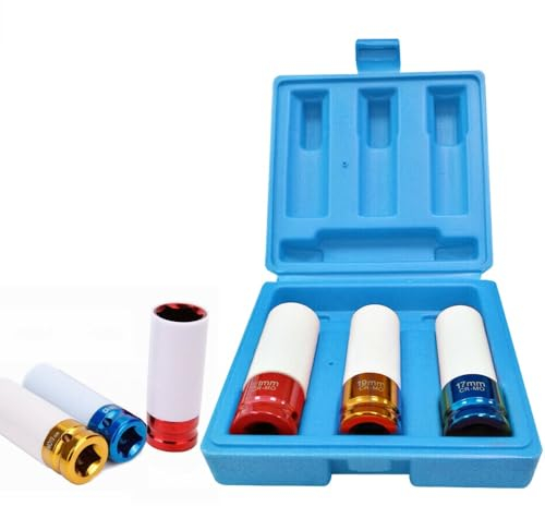 FIVMEN 3-tlg Schlagschrauber Nüsse Set 17mm/19mm/21mm 1/2 Zoll Steckschlüssel-Satz mit Farbkodierung Schoneinsätze Schonnüsse