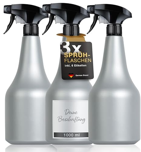 3x Große Sprühflasche 1 Liter mit Zerstäuber (inkl. beschriftbare Etiketten) | Wassersprühflasche ideal für Pflanzen, Reinigungsmittel (chemiebeständig), Garten, Autopflege | Water Spray Bottle