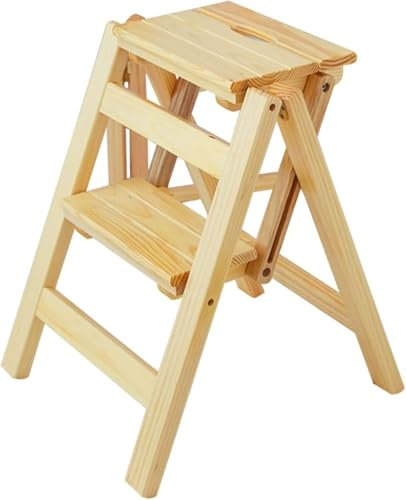 Holzhocker Trittleiter, Tritthocker für Erwachsene, Thekenstuhl, 2-stufiger, zusammenklappbarer tragbarer Tritthocker aus Holz, multifunktionaler Tritthocker für aufsteigende Treppen/Holzfarbe