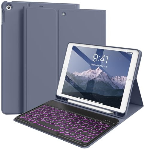 BQDIYOO Étui avec clavier Bluetooth sans fil amovible pour iPad 9e/8e/7e génération (2021/2020/2019) avec clavier Bluetooth sans fil de 10,2 avec porte-crayon - Fonction veille/réveil automatique