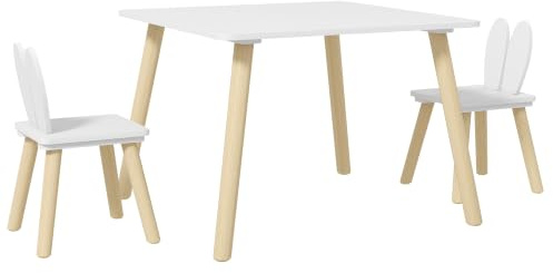 AIYAPLAY Kindermöbel Set aus Tisch und 2 Stühlen für Kinder, Kindersitzgruppe, Tisch mit 2 Stühlen, skandinavisches Design, Motiv Hasenohren, Kiefernholz, Weiß