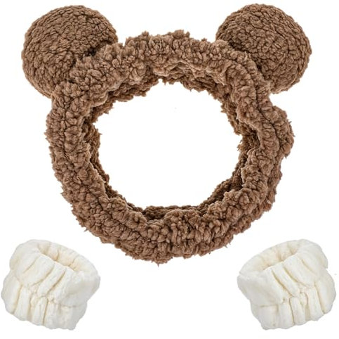 3 Stück Gesicht Waschen Stirnband Set, Niedliche Bärenohren SPA Haarband Mit Handgelenk Waschband, Weiches Korallen Fleece Kosmetik, Elastisches Abschmink Zum Waschen