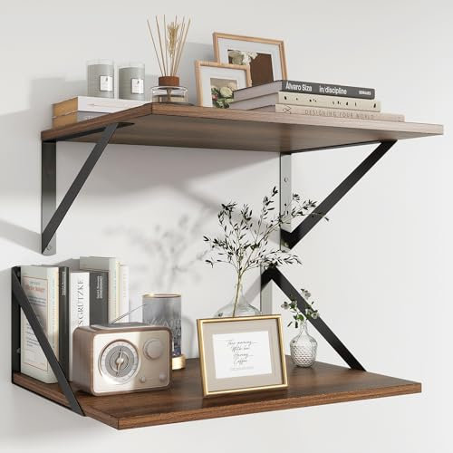 Feihorrm Regal Wand, Tief 30 cm, Länge 40 cm Holzregal, Bücherregal, Wandregal 2er Set mit Metall Halterung, Schweberegal für Wohnzimmer, Badezimmer, Küche, Dunkel Braun, 40 x 30 x 15 cm