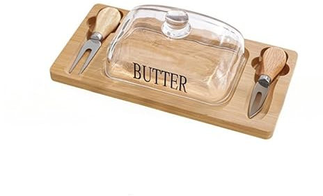 THGILNUS Piatto per alimenti in bambù e vetro, ecologico e adatto a burro, torte e dessert (Bamboo, square)