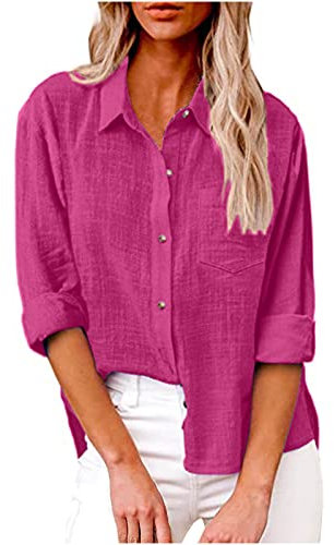 AEGJEGVD Chemise en Lin Femme été Haut Chic et ÉLéGant Coton Lin T-Shirt Manche Longue Col en V Chemisier Tunique Tops avec Boutons DéContractéS Ample Chemisiers et Blouses Vetement Solde 2025