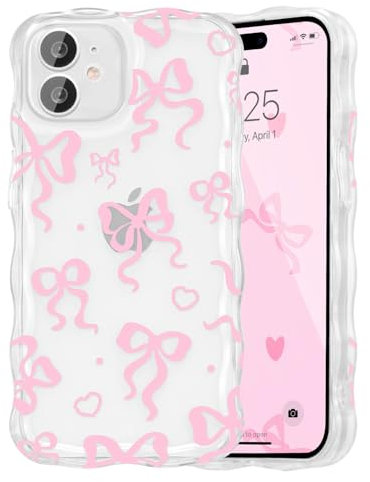 UEEBAI Bow Case for iPhone 12, Wavy Cute Ribbon Pretty Aesthetic Case Curly Stylish Soft Wave Clear Phone Shockproof Protective Pretty Cover for Women Girl - Pink