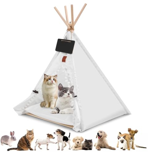 Haustierzelt, Tipi-Spielzelt für Tiere mit abnehmbarer Innenkissen, Innenhundehaus für Hunde/Katzen (Weiß, M)