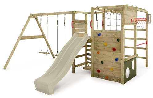 FATMOOSE Aire de Jeux ActionArena Air XXL portique en Bois avec balançoire et Toboggan, Tour d'escalade pour Enfants avec bac à Sable, échelle et Accessoires de Jeu pour Le Jardin. (Vert Sauge)
