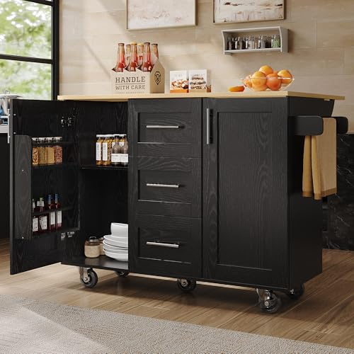 IHO SOFA Küchenschrank mit Arbeitsplatte (135x46x86,6 cm), Küchenwagen auf Rollen, Kücheninsel Freistehend mit 3 Schubladen & Snackhalter & Handtuchhalter, Buffetschrank Outdoor, Schwarz