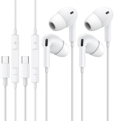 2 Pack USB C Earphones,Type C In Ear Headphones with Cable,HiFi Stereo Earbuds with Microphone and Volume Control,Compatible with iPhone 15/Samsung Galaxy S23/S22/15 Plus/Google Pixel/Huawi