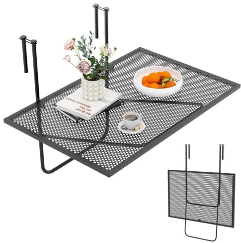 FANTASK Mesa de barandilla de balcón Plegable de 60,5 x 40,5 cm con Ganchos Ajustables para Colgar, Mesa de balcón de Metal, Capacidad de Carga de 23 kg