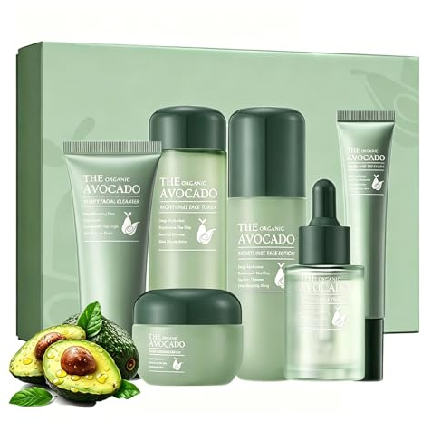 6 Stk. Avocado Feuchtigkeitspflege-Set, Anti-Aging Hautpflege Geschenk | Gesichtsreiniger, Toner, Lotion, Serum, Creme, Augencreme, Hautfreundlich, Leicht Absorbierbar