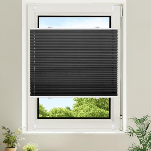 Homland Plissee ohne Bohren Verdunklung Klemmfix,Schwarz B65 x H140 cm, Plissee 100% Verdunkelnd & lichtundurchlässig, Plisseerollo für Fenster & Tür