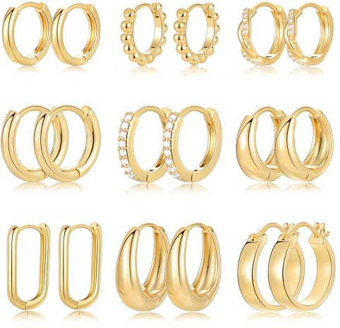 9 Pairs Small Gold/Silver Hoop Huggie Earrings Set for Women, 14K Gold Plated Chunky Hoop Small Earring Hypoallergenic Thick Open Lightweight Chunky Hoop Earrings Jewelry for Gifts