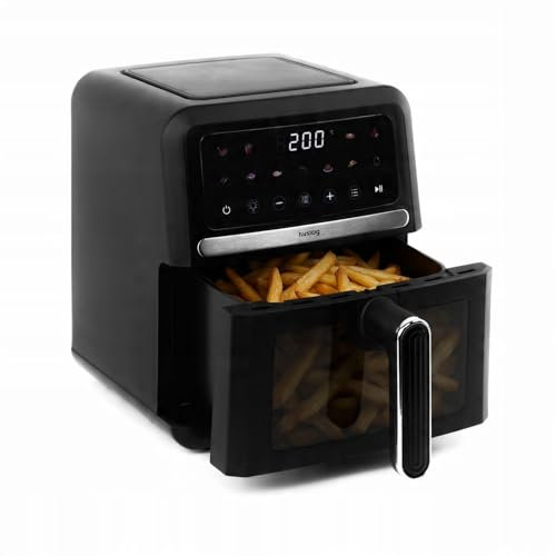 Huslog Friteuse à Air 5 L, 1500 W, Air Fryer sans Huile, 10 Programmes Automatiques, 40–200 °C, Écran Tactile LED, Panier & Grille, Fenêtre de Cuisson, Facile à Nettoyer, Compacte et Pratique, Noir