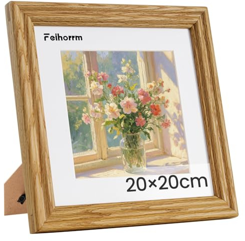 Feihorrm Cadre photo vintage, Cadre en chêne massif, Avec verre trempé, Pour photos 20 x 20 cm sans passe-partout ou 9 x 9 cm avec passe-partout (Beige, 20 x 20 cm)
