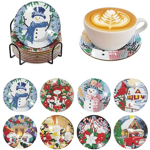 feelive 8 Pièces Noël Diamant Peinture Dessous de Verre, Bonhomme de Neige Acrylique Diamond Painting Coasters Kit avec Support pour La Maison, Bureau Adultes Enfants Débutants Amateurs d'art