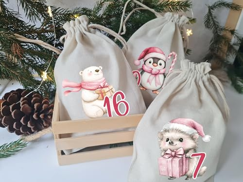 Adventskalender Bügelbilder für Säckchen 24 Tüten Advent, Jutesäckchen Adventskalender zum befüllen Tiere im Winter Rosa 24 Bügelbilder - ohne Säckchen