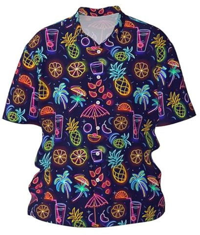 Generisch Chemise à manches courtes pour homme avec motif cocktail fluo - Chemise hawaïenne colorée pour les fêtes et les vacances - Chemise d'été décontractée style années 80