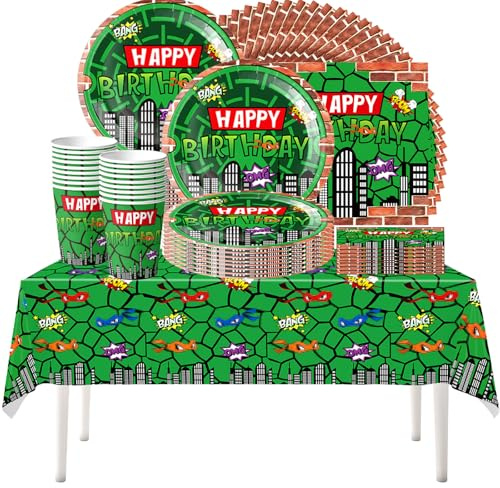 61 piezas Juego de vajilla para fiestas de cumpleaños infantiles Green Turtle, fiesta de cumpleaños para niños con temática de superhéroes y caparazones de tortuga, vasos, platos, servilletas