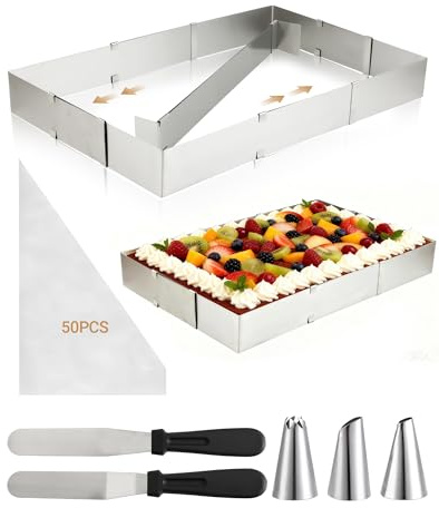 Cadre pâtisserie rectangulaire réglable, Moule à gâteau rectangulaire en acier inoxydable, moule gâteau rectangulaire avec séparateur, spatule, poche à douille et douilles, pour pâtisserie